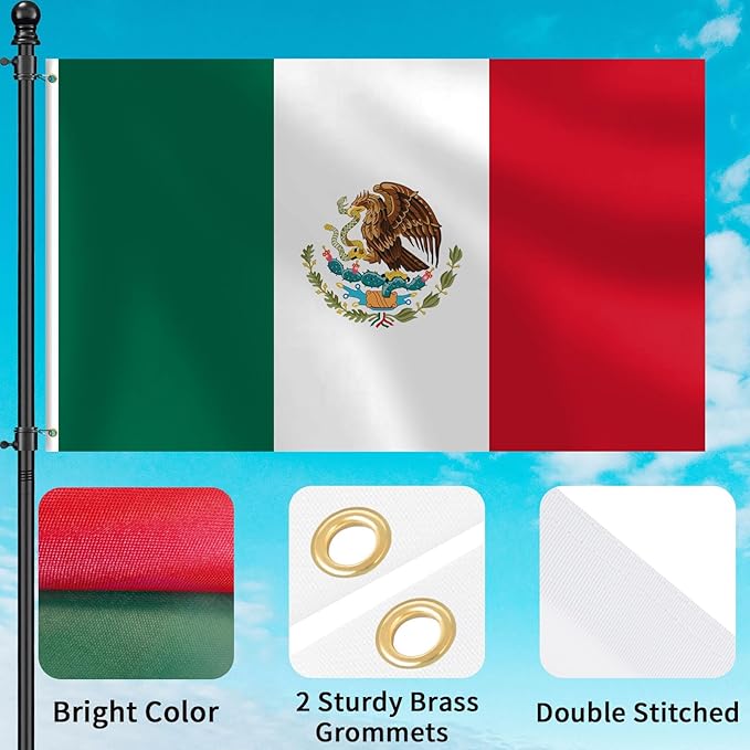 Mexican Flag 3x5 FT Heavy Duty Mexico Flag Double Stitched Vivid Color Fade Proof Outdoor Decor With Brass Grommets(Mexico)