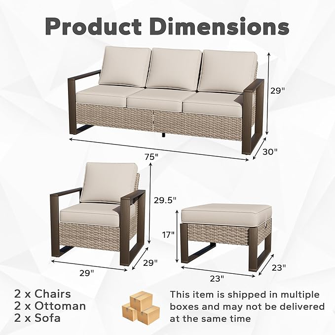 Joyside Outdoor Patio Chairs, 5 Pieces Wicker Rattan Furniture Set, 2 Patio Chairs, 2 Sofa and 2 Ottoman, Metal Wide Armrest, Thick Cushions and Deep Seating for Garden, Backyard, Porch, Deck