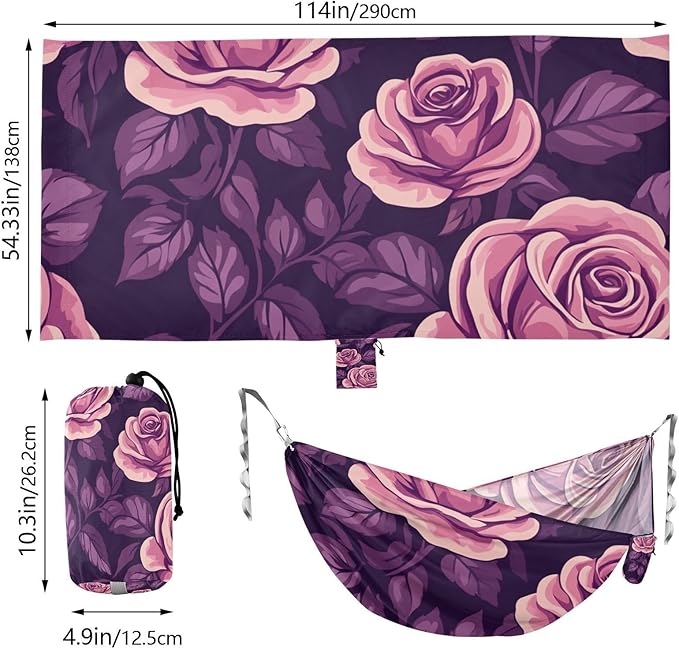Purple Roses Blooms Camping Hammocks Rope Hammock for Patio Backyard Lounge Base