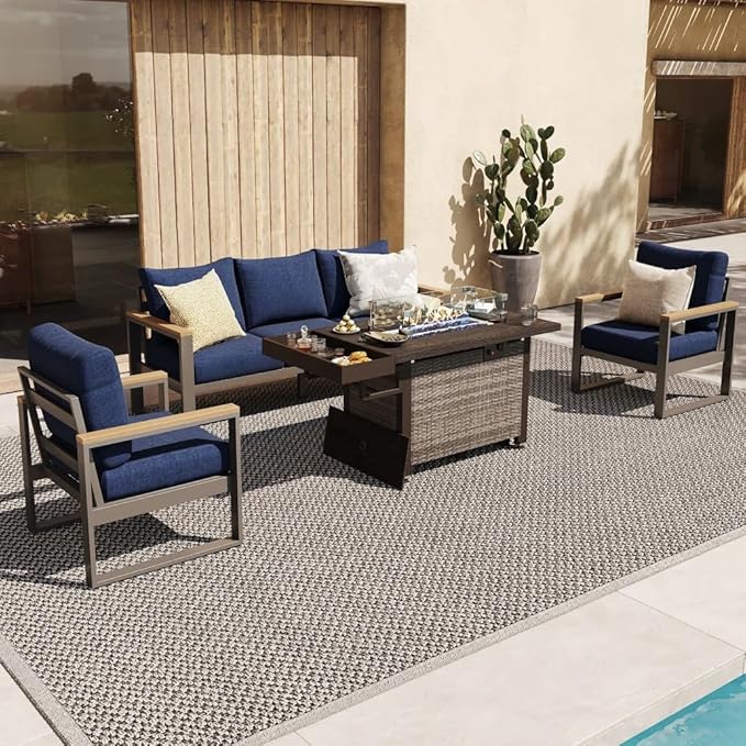 Sundale Outdoor Aluminum Patio Furniture Set, 4 Piece Outdoor Conversation Sets with Fire Pit, Ottoman and Washable Thick Cushions, All Weather Outdoor Sectional Set for Deck, Lawn (Navy Blue)