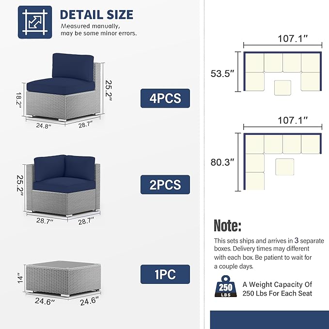 SUNCROWN Outdoor Patio Furniture Set 7 Piece Outdoor Sectional Sofa Grey Wicker Conversation Sofa Set with Coffee Table and Cushions,Dark Blue