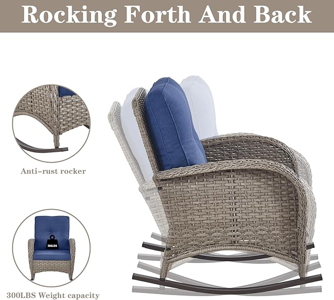 Belord Patio Furniture Set with Fire Pit Table - 8 Piece Outdoor Wicker Furniture Set with 43" 50000 BTU Propane Fire Pit and Rocking Chairs Patio Conversation Set for Deck Outside Backyard Blue
