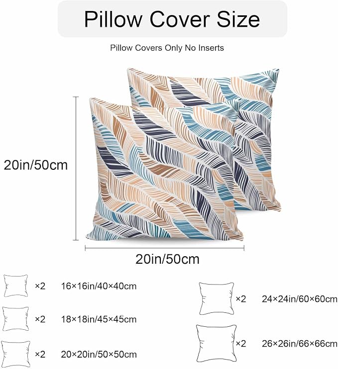 Vandarllin Outdoor Throw Pillows Covers 24x24 inch Set of 2 Waterproof Summer Beach Decorative Zippered Cushion Covers for Patio Furniture, Yellow Blue Ombre Abstract Leaf Lines Lumbar Pillowcases