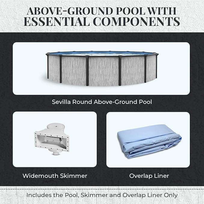 Blue Wave Sevilla 15-ft Round 52-in Deep Hard Sided Steel Wall Above Ground Pool with 6-in Top Seats, 5-in Verticals, Skimmer & Vinyl Liner - 5,130 Gallon Capacity for Family Swimming & Recreation