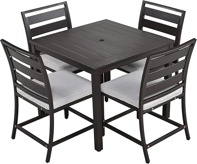 5-Piece Patio Dining Table Set, Steel and Acacia Wood Four-Person Dining Table and Chairs, Modern Conversation Furniture for Courtyards, Balconies, Lawns (Dark Brown/Outdoor, 5 Piece)