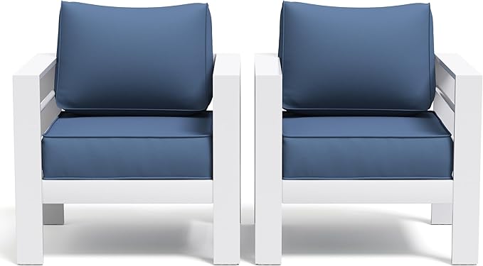 Aluminum Patio Furniture Set, Single Chair Outdoor Set with 5 Inch Cushions, Patio Sofa Sets with Waterproof Covers for Backyard Garden(White&Blue)