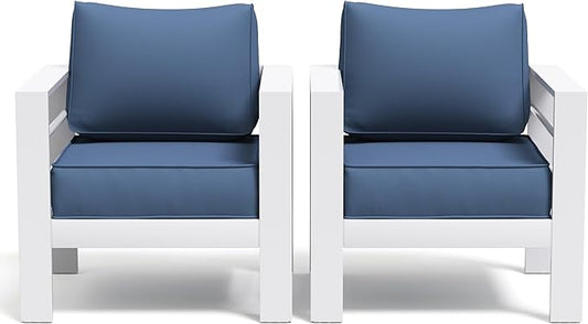 Aluminum Patio Furniture Set, Single Chair Outdoor Set with 5 Inch Cushions, Patio Sofa Sets with Waterproof Covers for Backyard Garden(White&Blue)