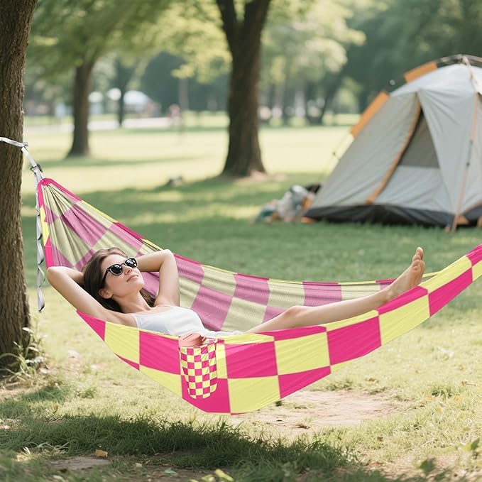 Pink and Yellow American Plaid 330lb Capacity Hammocks Portable Hammock for Outside Patio Garden Silla colgante para Patio Exterior