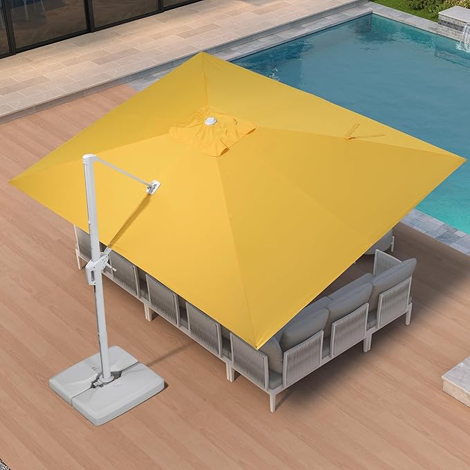 PURPLE LEAF 10' × 13' Patio Umbrella With Base White Cantilever Umbrella Square Outdoor Offset Umbrella Windproof with 360° Rotation for Garden Deck Pool, Yellow