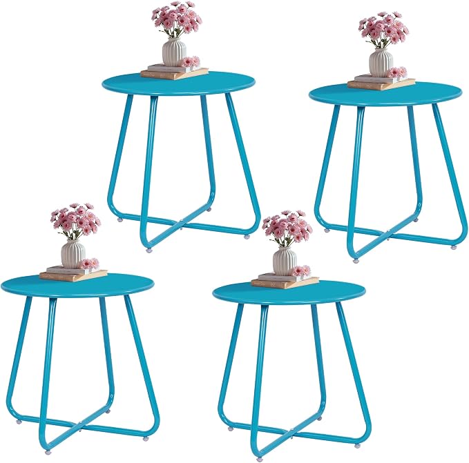 Patio Small Side Table Waterproof Round Metal Steel Weather Resistant Portable Outdoor and Indoor End Table for Garden Balcony Yard,Sky Blue(4 PCS)