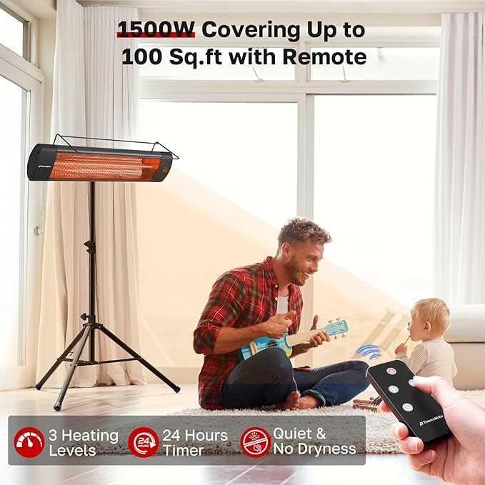 ThermoMate Infared Patio Heater for Outdoor with Tripod, Electric 1500W IP65 Waterproof with Remote, 3 Heating Levels & 24H Timer for Restaurant Backyard, Plug-in 120V Black