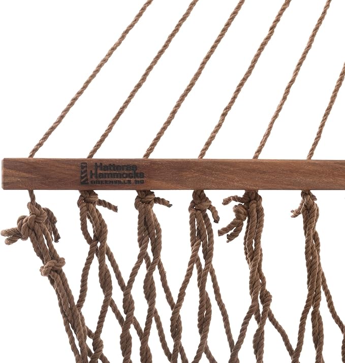 Hatteras Hammocks Large Antique Brown DuraCord Rope Hammock – 13 ft. x 55 in., 2-Person, 450 lb Capacity, Cumaru Spreader Bar, Zinc-Plated Hardware – Handcrafted in The USA