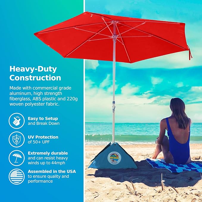 BEACHBUB ALL-IN-ONE BEACH UMBRELLA SYSTEM. Includes ULTRA Base (compliant with the ASTM F3681-24 Beach Umbrella Safety Standard). (Bold Breaker Red)