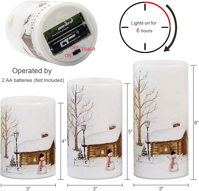 GenSwin Christmas Snowman Flameless Candles Flickering Battery Operated with Timer, Real Wax Led Pillar Candles Warm Light, Christmas Snowman Deer Home Decor Gift(Pack of 3)