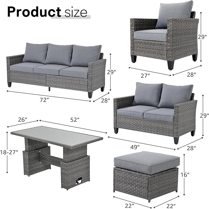 SUNSITT Outdoor Patio Furniture Set 7 Piece Wicker Conversation Set with Lift Coffee Table Sectional Dining Set 3 Seat Sofa Couch with Loveseat Ottoman, Grey Wicker & Grey Cushion