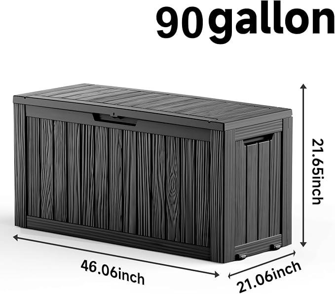 90 Gallon Outdoor Storage Box, Large Deck Box Waterproof Resin Storage Bin with Lid for Patio Cushions, Gardening Tools, UV Resistan (Black, 90 Gallon)
