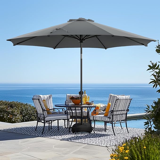 wikiwiki 10FT Patio Umbrella with Base, Outdoor Umbrellas with Base Included, 8 Sturdy Ribs, Waterproof Fade Resistant POLYESTER DTY Canopy for Deck, Lawn, Garden, Backyard & Pool, Dark Gray