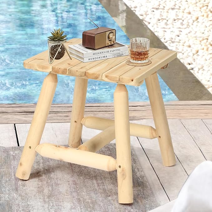 HOMEDIARY Wooden Outdoor Log CoffeeTable, Cedar Wood Adirondack Square End Table, 19.5” Indoor & Outdoor Patio Side Coffee Table for Garden, Patio, Backyard, Porch