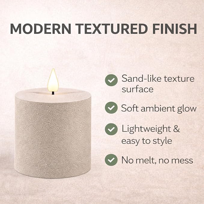 smtyle 3x3 inch Flicking Flameless Taupe Sand Finish Textured LED Pillar Fake Minimalist Battery Operated Candles with Remote for Living Room Bedroom Table Decor