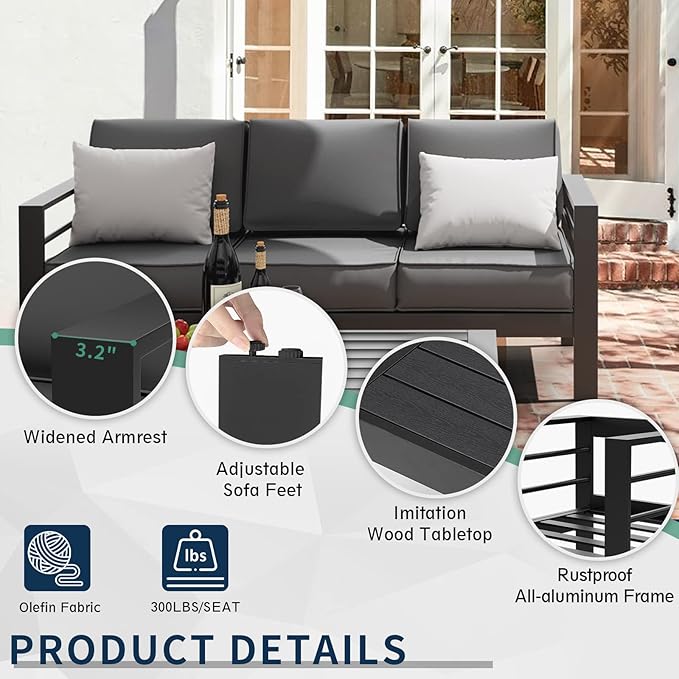 Amopatio Aluminum Patio Furniture Set, 7 Pieces Modern Patio Conversation Sets, Outdoor Sectional Metal Sofa with Coffee Table for Balcony, Garden, Dark Grey (Included Waterproof Covers)