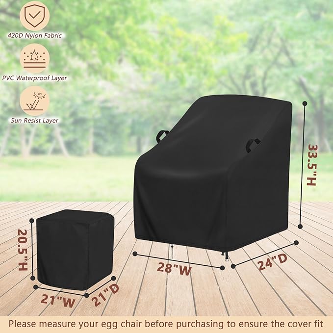 3 Piece Outdoor Furniture Cover Set - 28in Patio Chair Covers with Table Shield, 420D Oxford Fabric Waterproof UV Protection with Drawstring & Buckles, Black (2 Chair + 1 Table Cover)
