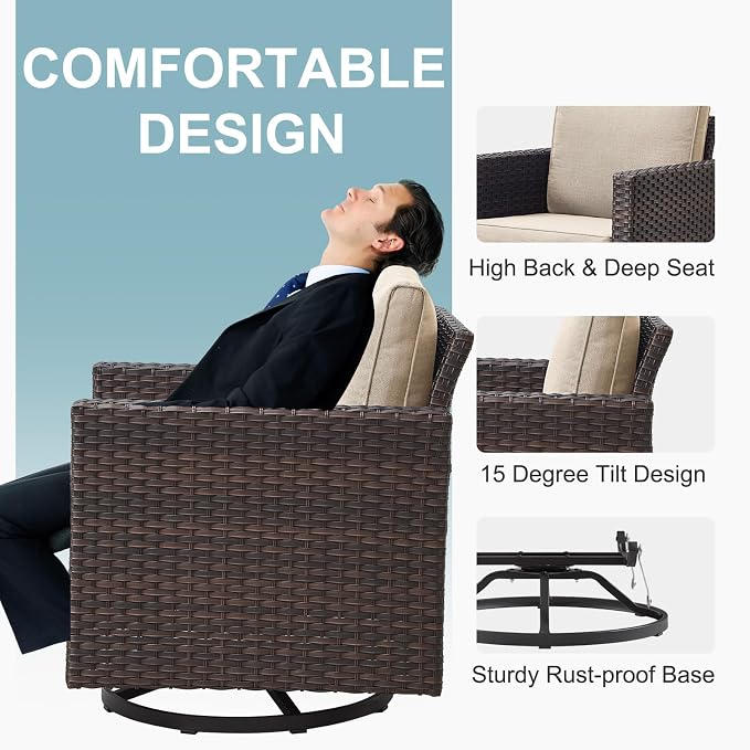Belord Wicker Chairs Outdoor Bistro Set Oversize Patio Swivel Rocker, Rattan Outdoor Seating Set of 2 Swivel Glider Chairs Wicker Furniture for Porch Deck Backyard with Water-Resistant