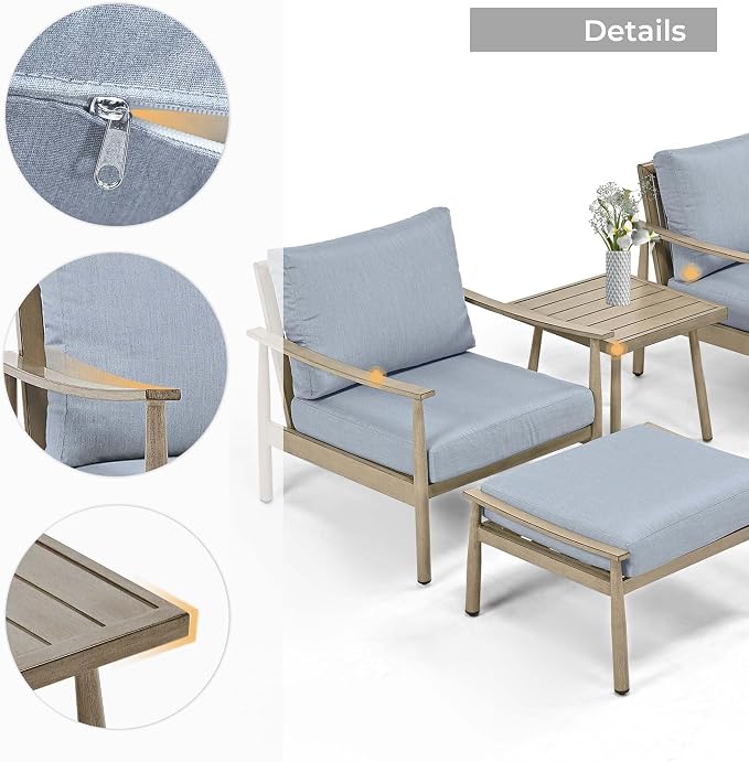 HAPPATIO Aluminum Outdoor Furniture Set - 5 Pieces Patio Furniture Set Includes 1 Side Table, 2 Armchairs and 2 Ottomans with Thick Cushion, Patio Conversation Set for Backyard Deck Poolside (Brown)
