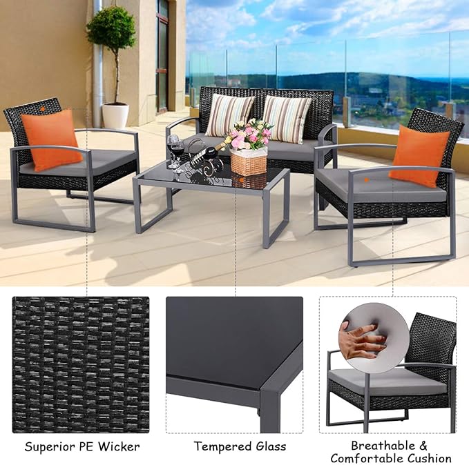 Tangkula 4 PCS Outdoor Patio Furniture Rattan Wicker Conversation Set, As pic