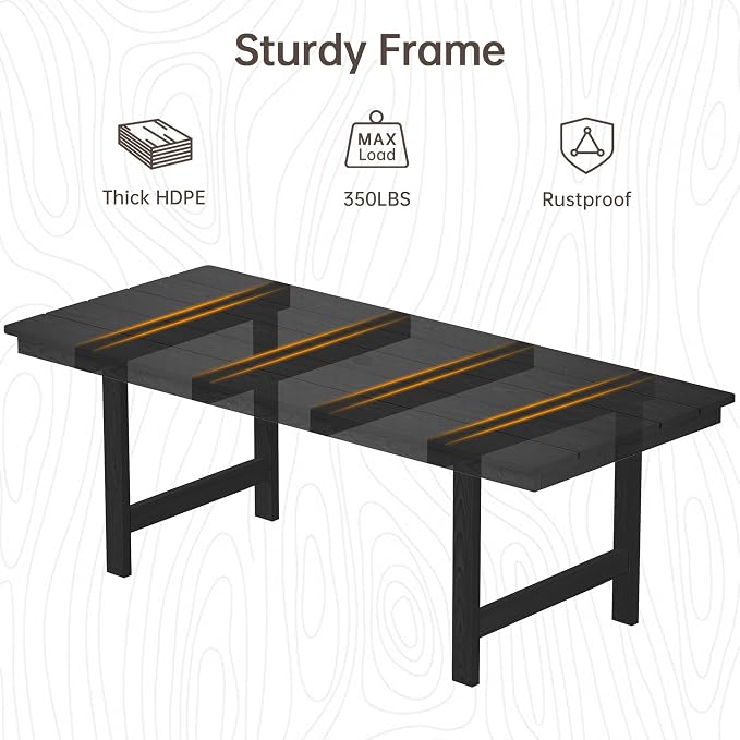 PIZZELLO Patio Dining Table for 6, 66" Rectangular HDPE Outdoor Dining Table with 1.8" Umbrella Hole, All Weather Outdoor Patio Table for Lawn Backyard Garden, Black