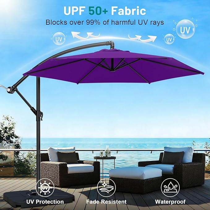 AreShark 10FT Patio Outdoor Umbrella, Offset Patio Umbrella Cantilever Umbrella, 6 Sturdy Ribs, Easy Adjustment for Garden Market Pool with Cross Base (Dark Purple)