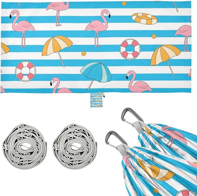Blue White Striped Summer Flamingo 330lb Capacity Outdoor Hammock with Tree Straps Fabric Hammock for Outside Patio Garden jamaca para Patio