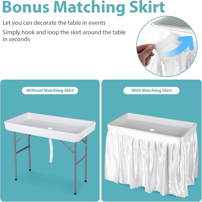 SUPER DEAL Party Ice Cooler Folding Table with 5L Bucket, Portable Outdoor Cooler Table with Removable Matching Skirt, Large Sink and Drain for BBQ, Picnic, and Camping