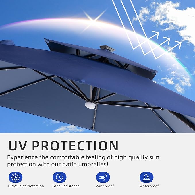 JZAC & QZYD 9x9 FT Outdoor Cantilever Patio Umbrella with Solar LED Lights, Large Heavy Duty 2-Tier Canopy Square Aluminum Offset Umbrellas with 360-Degree Rotation for Pool Deck Backyard, Navy
