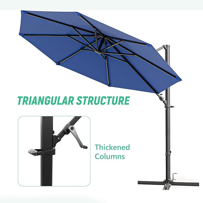 Greesum 10FT Outdoor Patio Umbrella with High Pedel and 4 Gear Heights, Large Offset Market Umbrella with 360-degree Rotation, Without Base, Hanging Outdoor Shade for Garden, Lawn, Pool, Deep Blue