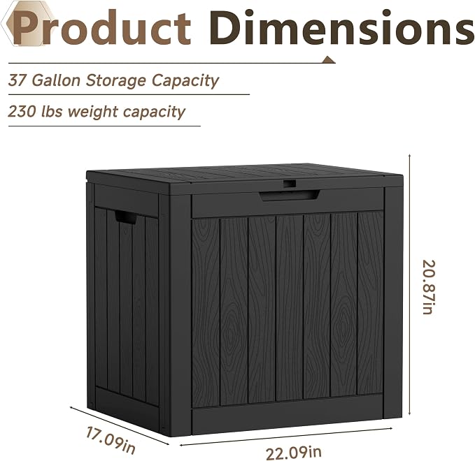 Deck Box Large Outdoor Storage for Patio Furniture,Outdoor Cushions,Garden Tools and Pool Supplies,Waterproof,Resin,Lockable (Dark black, 37 Gallon)