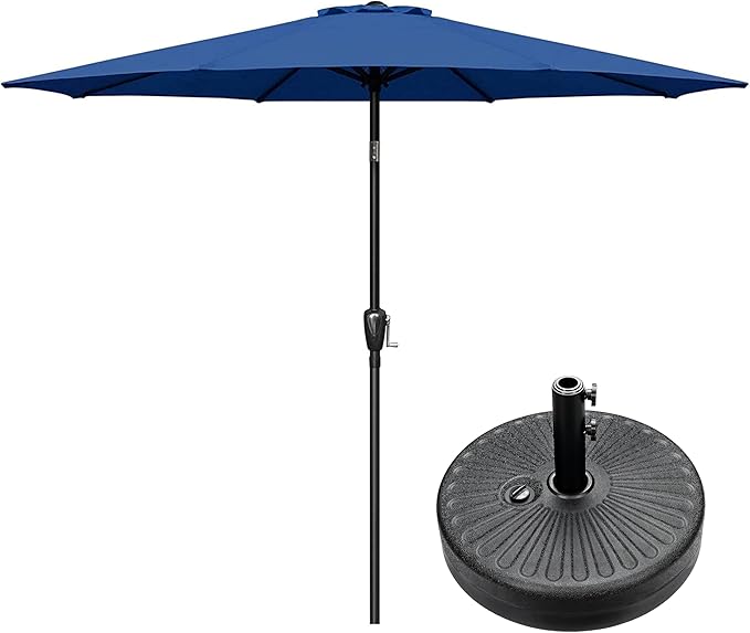 Simple Deluxe 9FT Outdoor Patio Umbrella Table Market Umbrella with Push Button Tilt and Crank and 50lbs Base Stand, for Garden, Lawn, Deck, Backyard, Pool, Blue