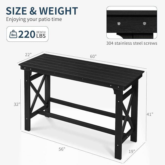 60" HDPE Outdoor Bar Table, Rectangle Patio Bar Height Counter Table, All-Weather Adirondack Outdoor Pub Table, Waterproof Patio Bar Table for Outside, Garden, Backyard, Deck, Black