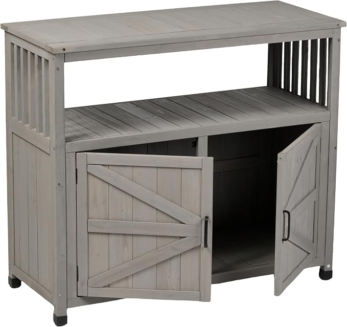 Wooden Outdoor Storage Cabinet, Outdoor Bar Table Cabinet with Storage, Outdoor Buffet Sideboard for Patio, Garden, Potting Bench, TV Stand, Bar Table, Balcony, Grey