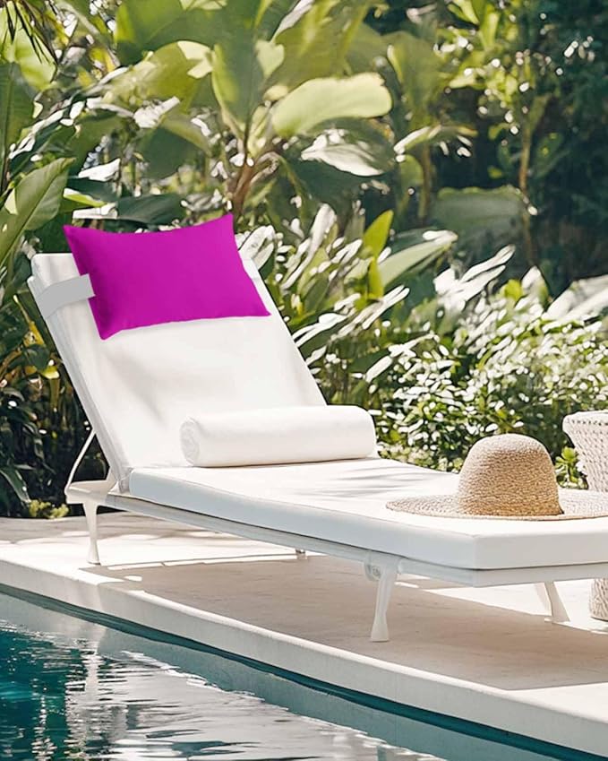 Outdoor Pillow for Lounge Chair with Strap & Insert Rosy Red Recliner Head Pillow Solid Pink Color Waterproof Headrest Patio Lumbar Pillows for Beach Pool Office Chaise Chair 12x20 Inch