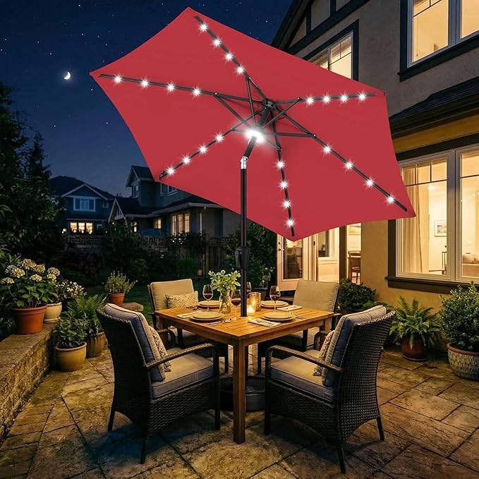 Jarka&Co 7.5ft Solar Patio Umbrella - Lighted Solar Outdoor Umbrella with 24 LED Lights Waterprool UV Protection, Market Table Umbrella with Tilt for Backyard, Garden, Pool, Porch (Red)