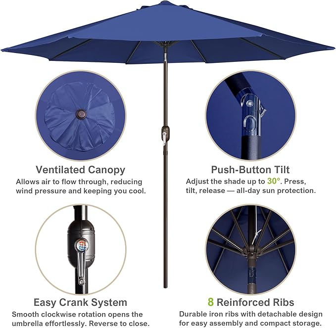 Blissun 10FT Outdoor Patio Umbrella, Outdoor Table Umbrella, Yard Umbrella, Market Umbrella with 8 Sturdy Ribs, Push Button Tilt and Crank