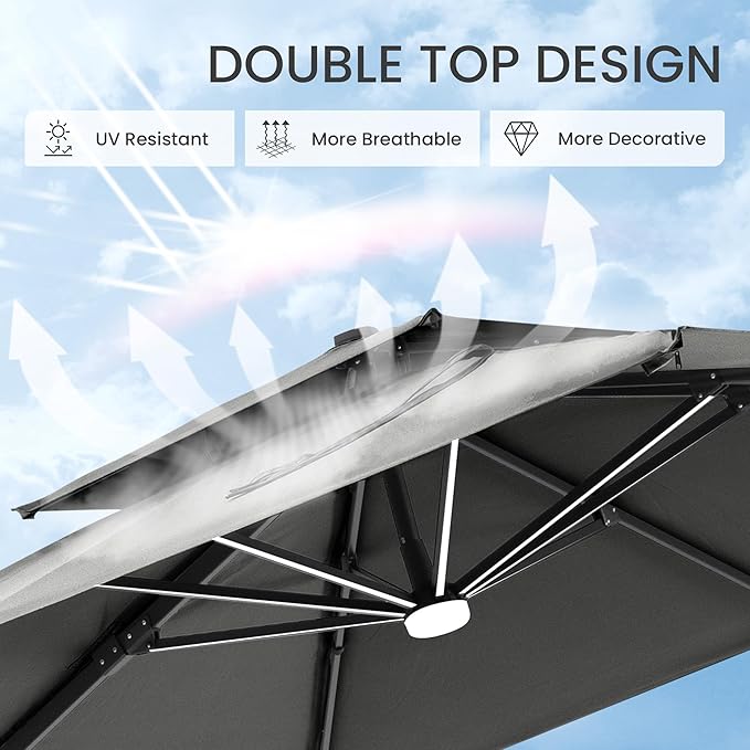 10x10 FT Cantilever Patio Umbrella with Led Lights Double Top Outdoor Square Large Heavy Duty Aluminum Offset Umbrellas with 7 Level Tilt 360-degree Rotation for Pool Garden Deck, Grey