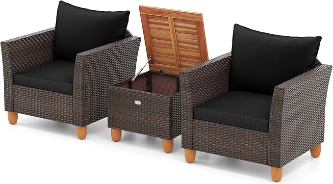 Tangkula 3-Piece Patio Furniture Set, Patiojoy Outdoor PE Wicker Bistro Set with Soft Cushions and Solid Acacia Wood, Outdoor Conversation Set with Porch, Balcony and Garden (Black)