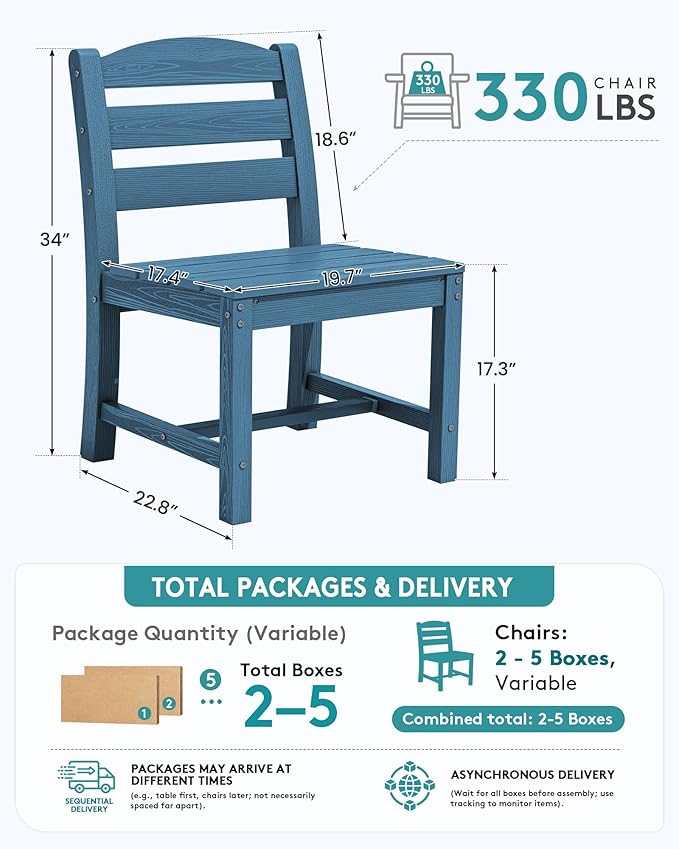 SERWALL Outdoor Armless Dining Chairs Set of 4, All-Weather HDPE Patio Chair with 19.7" Widened Seat, for Backyard, Garden, Blue