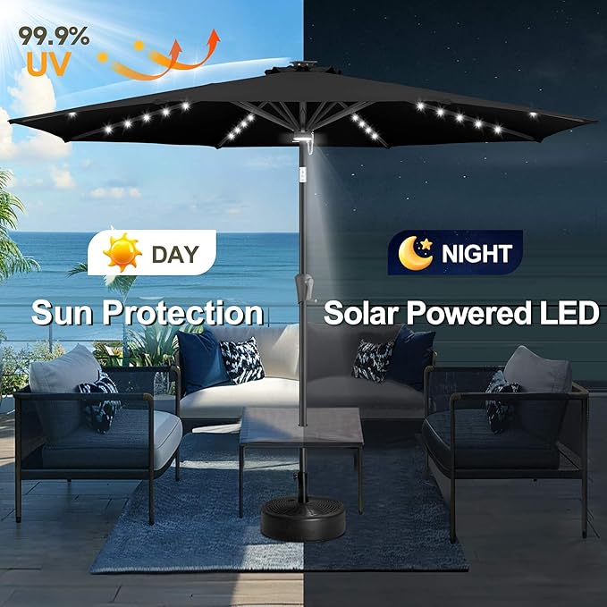 FLAME&SHADE 11 FT Solar Light Patio Umbrella, 40 LED Lights Outdoor Umbrella with Centre Surround Light, Table Market Umbrella for Deck, Pool, Porch, Backyard, Garden, UV Protection, Black