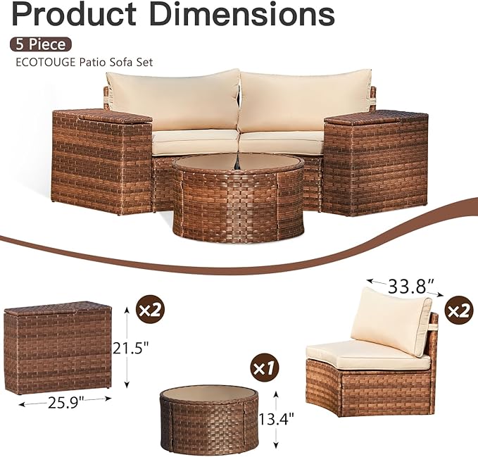 ECOTOUGE Outdoor Patio Furniture, 5 Piece Half-Moon Sectional Round Patio Set, Wicker Lazy Outdoor Sofa Set with Storage Side Table & Coffee Table for Pool Backyard Patio Garden(Beige/Brown)