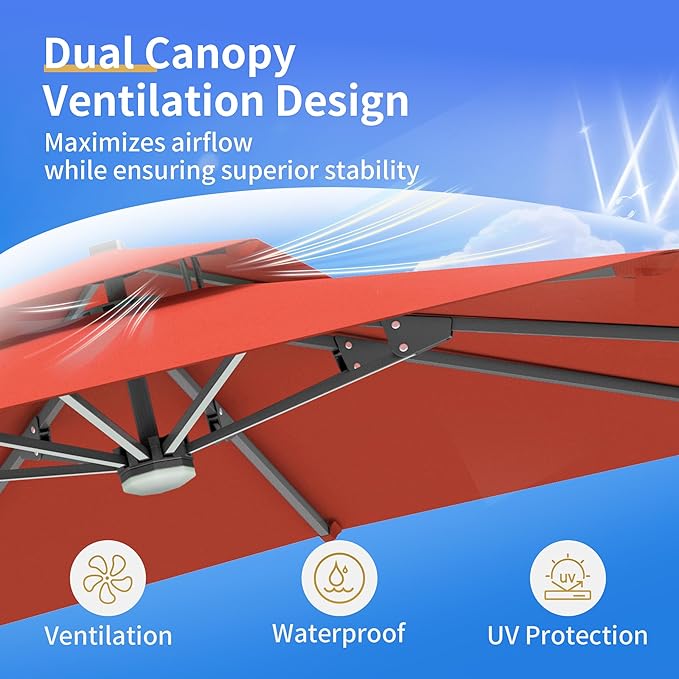 10 X 13 FT Cantilever Patio Umbrella with Base Included & Led Lights Outdoor Rectangle Offset Large Double Top Heavy Duty Umbrellas 360°Rotation for Pool Deck Backyard,Wine Red