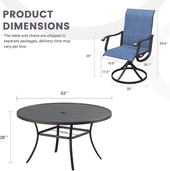 7 Pieces Patio Furniture Dining Set, 6 Textilene Swivel Dining Chairs, 53" Outdoor Round Metal Table with 1.57" Umbrella Hole, Outdoor Dining Set for Porch, Lawn, Garden, Black/Blue