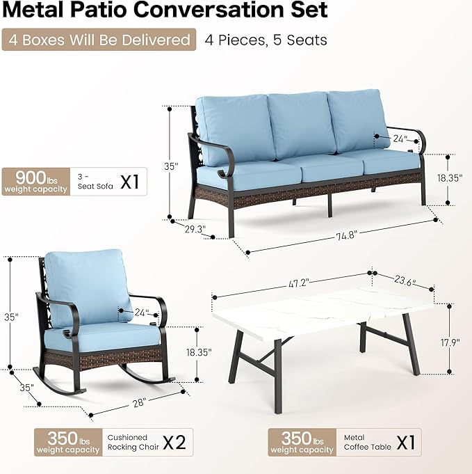 4 PCS Metal Outdoor Patio Furniture Set, Patio Conversation Sets 1 3-Seater Sofa, 2 Rocking Chairs with 5.75" Extra Thick Cushion & Coffee Table, Black Frame Backyard Furniture, Blue