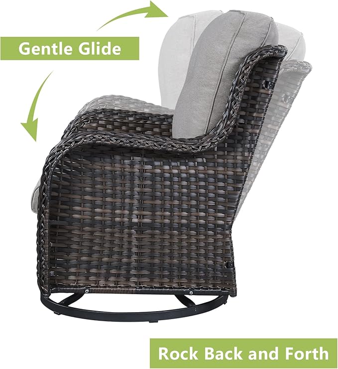 Outdoor Patio Swivel Rocker Chairs - 3 Piece Patio Bistro Set, Wicker Patio Furniture Set with 2 Swivel Rocking Chairs and 1 Glass Top Side Table for Deck Porch Garden, Brown/Grey